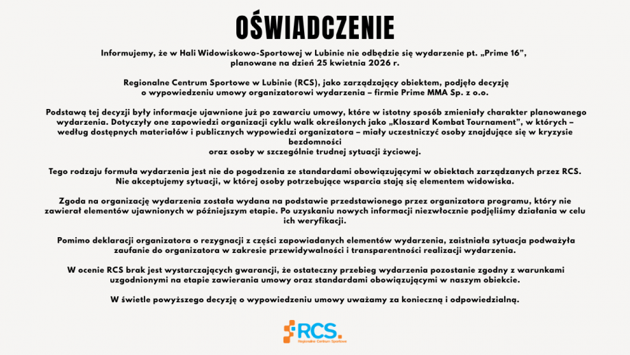 Nie będzie Gali PRIME 16. RCS wypowiedziało umowę organizatorom