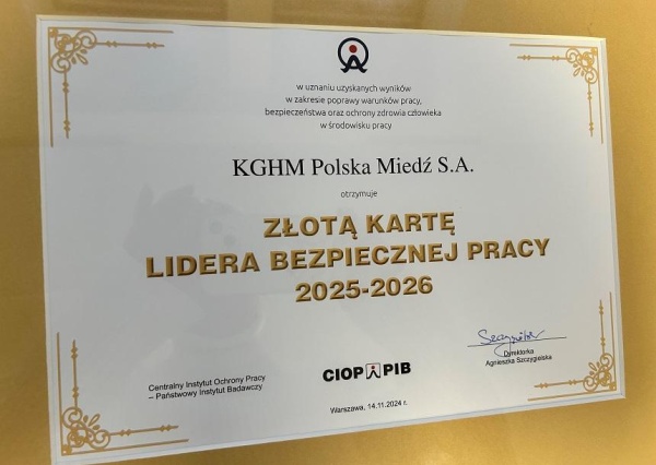 KGHM ze Złotą Kartą Lidera Bezpiecznej Pracy