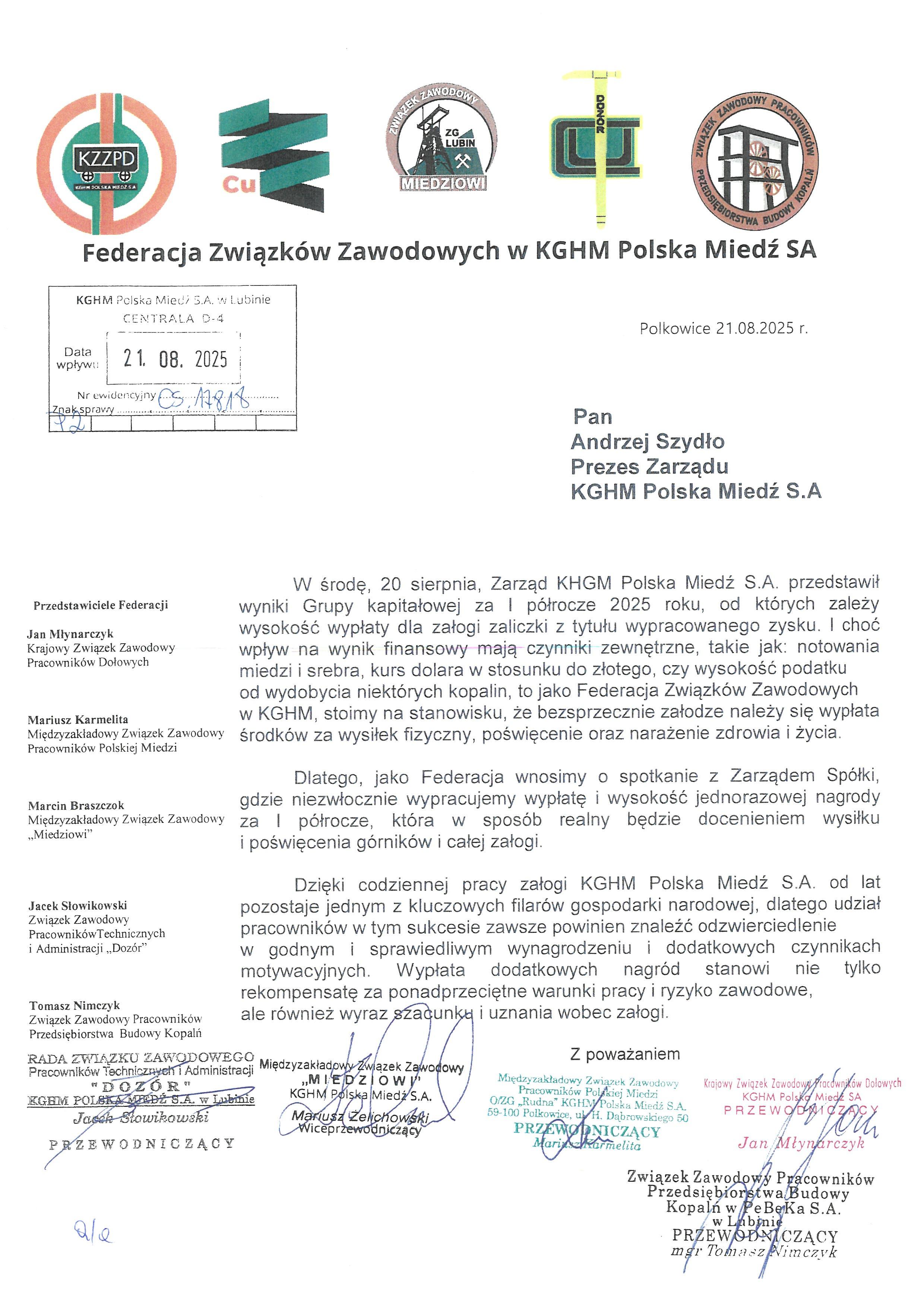 Załoga KGHM domaga się  jednorazowej nagrody