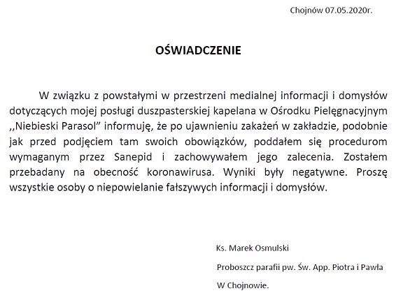 Oświadczenie kapelana Niebieskiego Parasola