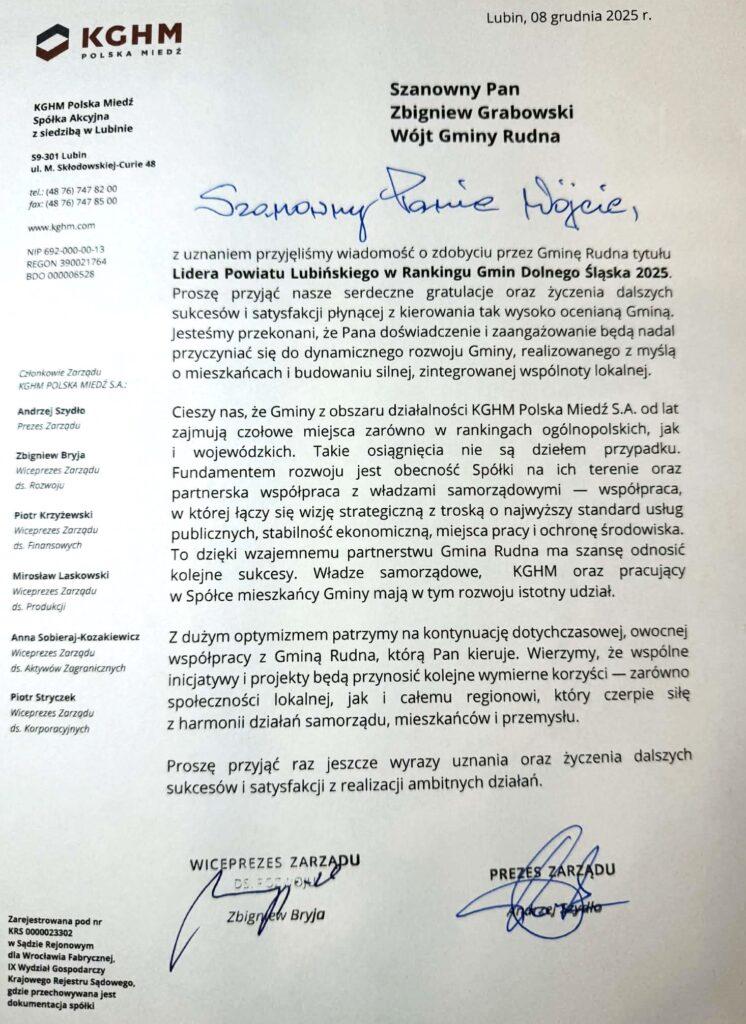  Gmina Rudna liderem Powiatu Lubińskiego. KGHM to docenia !