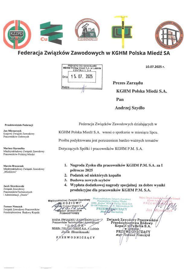 Federacja Związków Zawodowych w KGHM chce spotkania z prezesem miedziowego koncernu