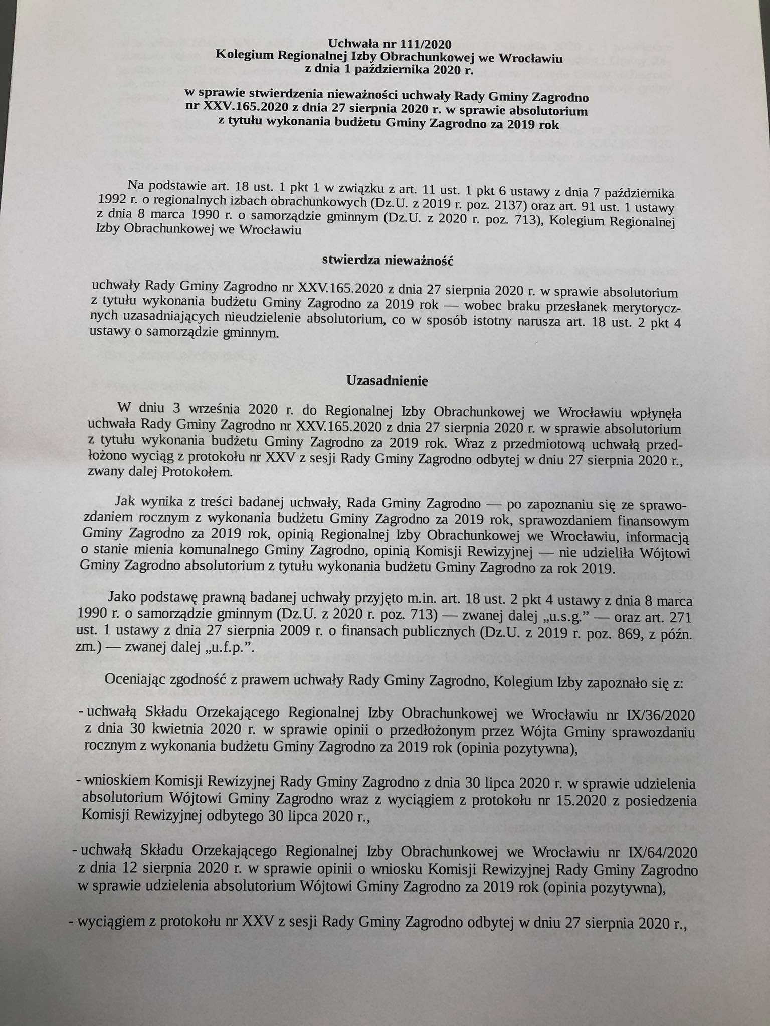 RIO z odsieczą...  Uchwała o braku absolutorium dla wójt K. Bardowskiej unieważniona!